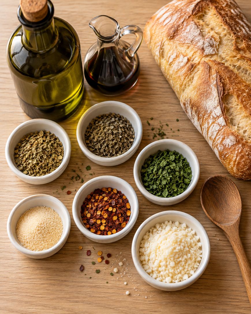 A loaf of bread, a wooden spoon, bottles of olive oil and balsamic vinegar, and six small bowls filled with dried herbs, red pepper flakes, garlic powder, and grated cheese on a wooden table.