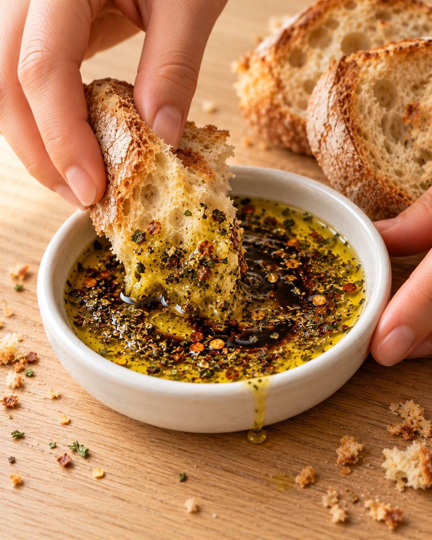 A hand dips a slice of crusty bread into a small bowl of olive oil swirled with balsamic glaze and herbs.