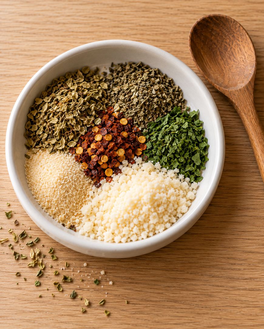 A bowl containing five small piles of different herbs, spices, and seasonings, with a wooden spoon resting nearby on a wooden surface.