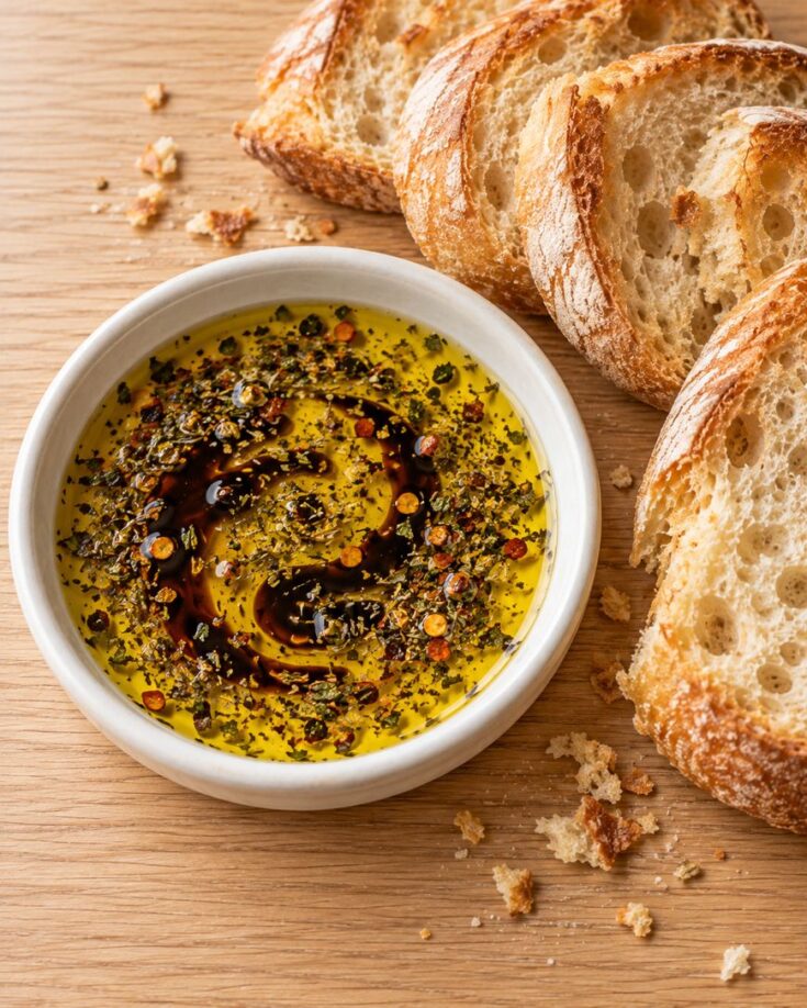 Small white bowl of olive oil swirled with balsamic glaze and dried herbs, served with slices of crusty bread on a wooden surface.