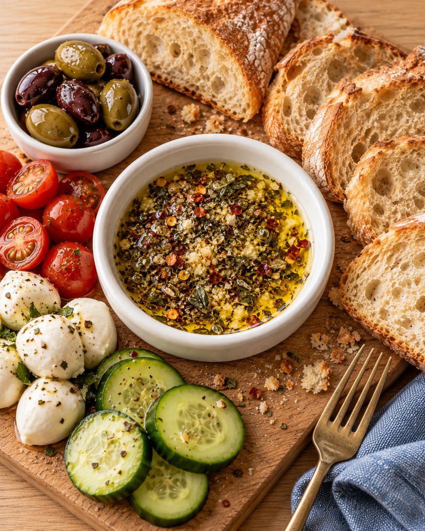 A wooden serving board with a central bowl of herb-infused dipping oil, surrounded by sliced baguette, mozzarella balls, cherry tomatoes, cucumber slices, and a small bowl of olives.
