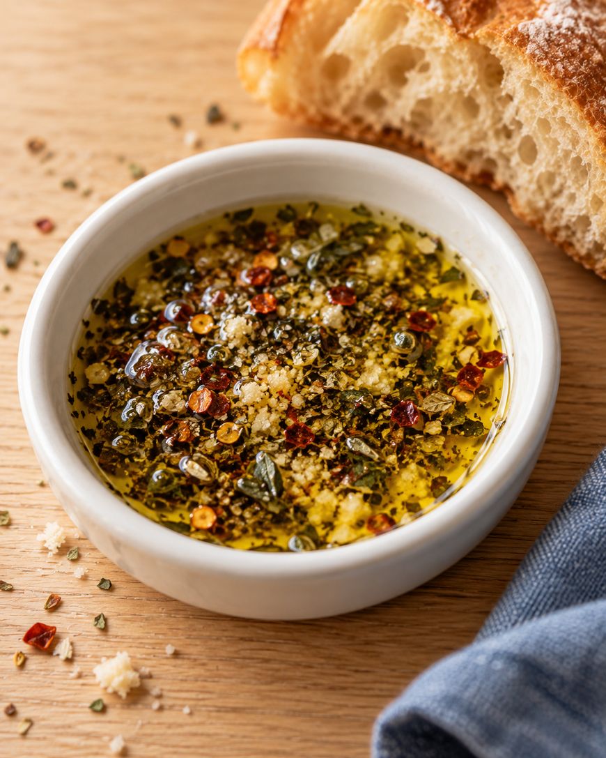 A small white bowl of olive oil seasoned with dried herbs and red pepper flakes, served with a slice of crusty bread.