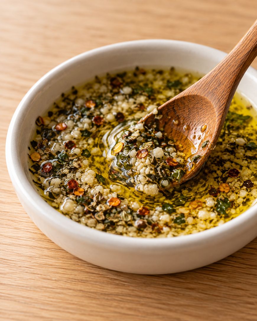 A white bowl filled with herb and chili-infused olive oil, with a wooden spoon scooping some of the mixture.