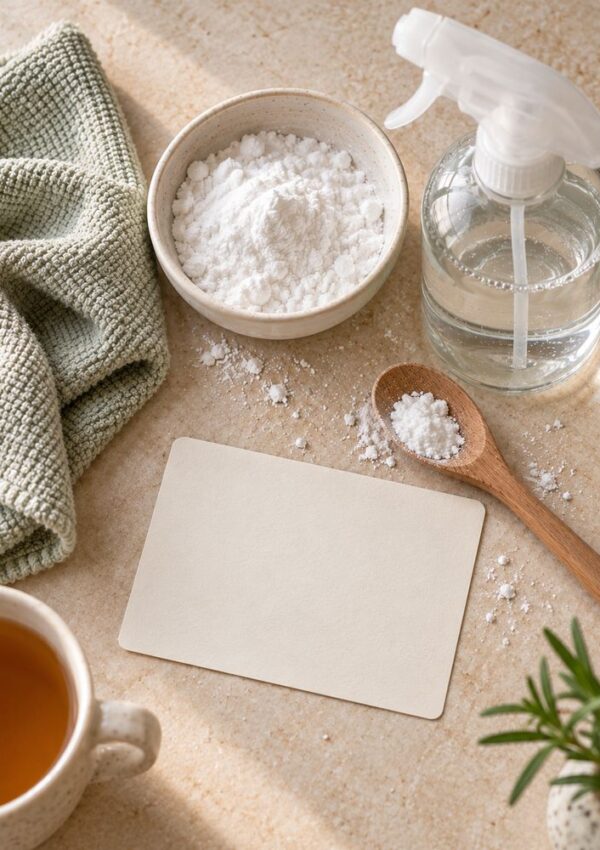 A blank note card surrounded by a bowl of white powder, a spray bottle, a wooden spoon, a folded cloth, and a cup of tea.