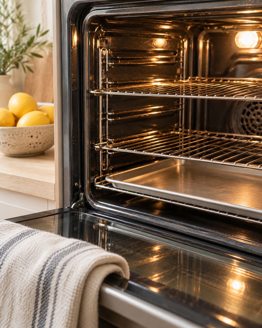An open oven interior with two wire racks and a baking sheet, with a striped kitchen towel draped over the oven door and a bowl of lemons on the counter nearby.