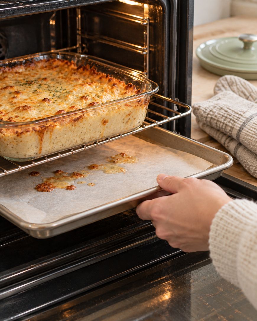 A hand slides a baking sheet holding a glass casserole dish of browned, cheesy pasta into an oven.