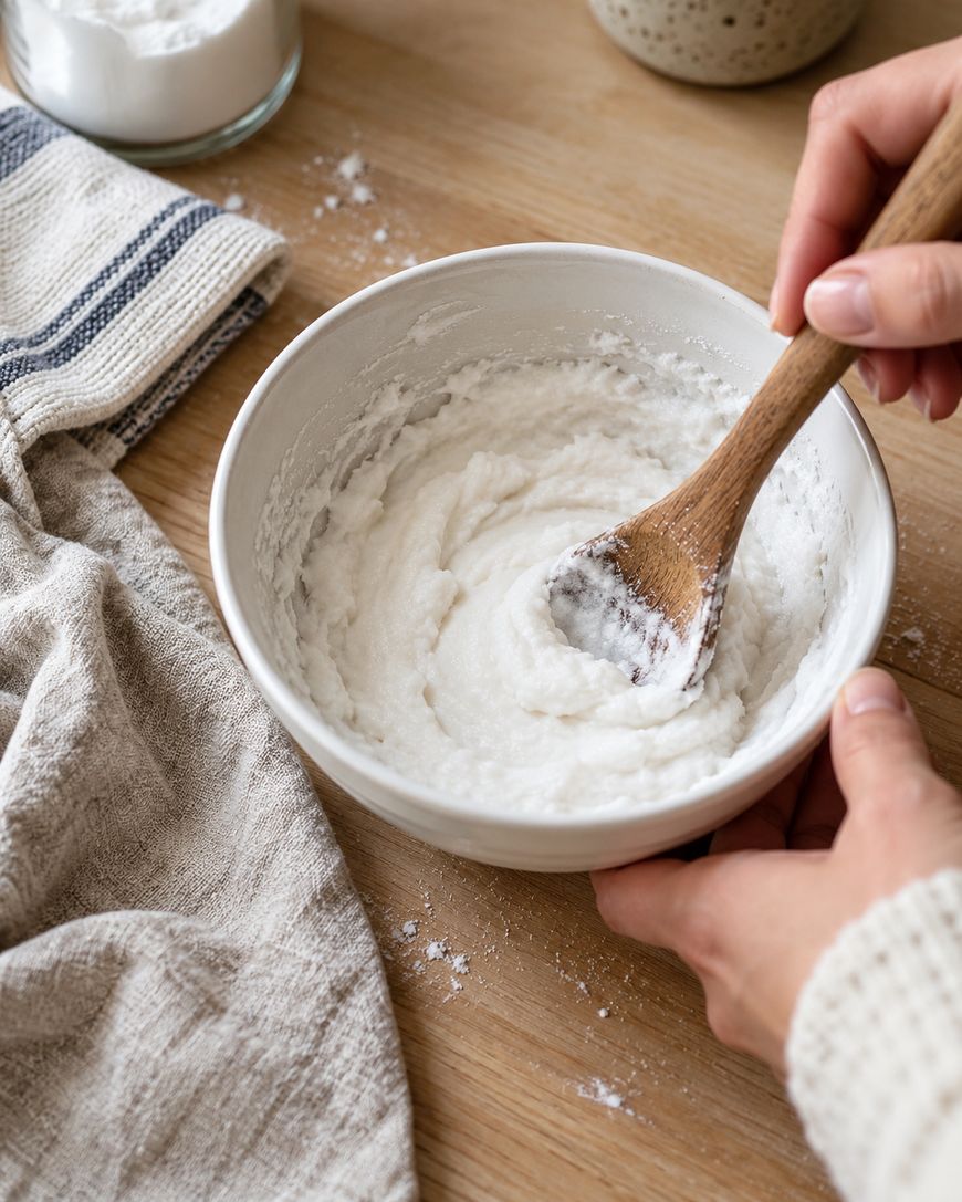 Hands stirring a thick white mixture in a bowl with a wooden spoon.