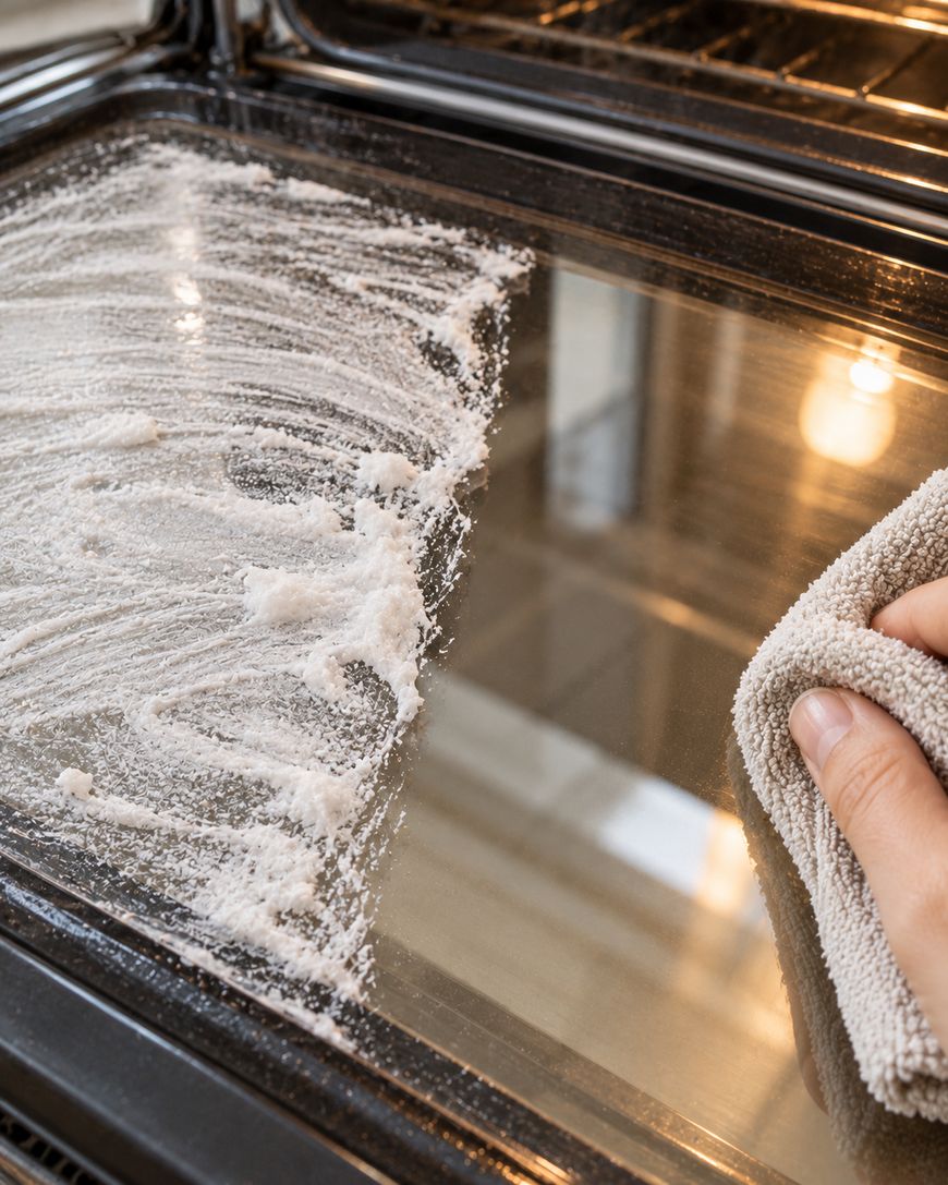 A hand using a cloth to wipe cleaning paste off an oven glass door.