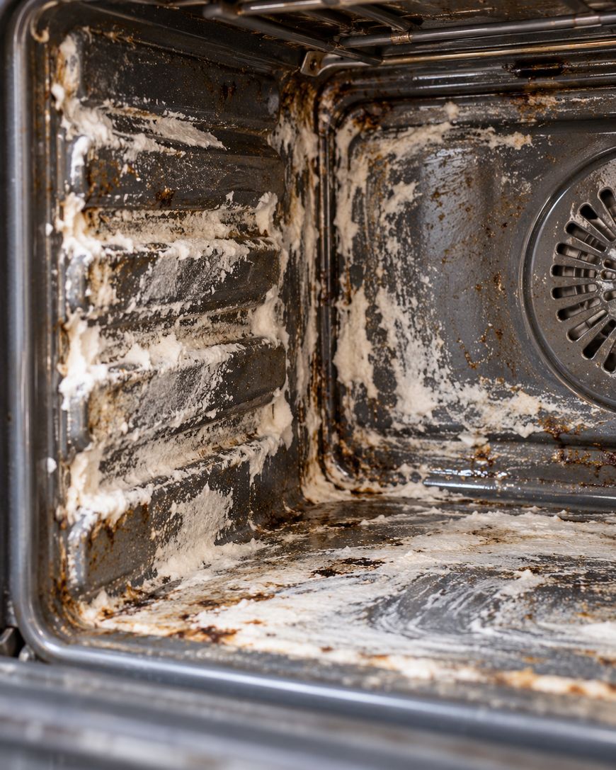 The interior of an oven coated in white cleaning paste and dark grease stains.