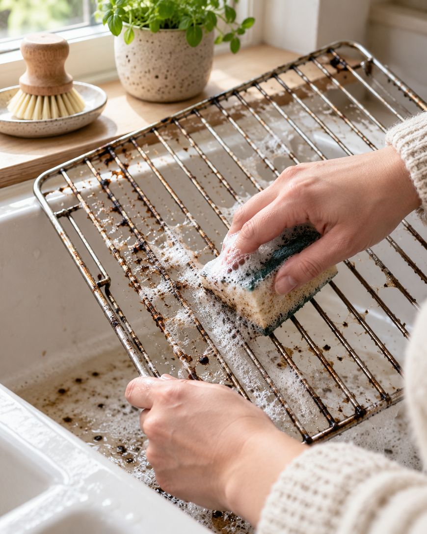 A person scrubs a dirty oven rack with a soapy sponge in a kitchen sink.