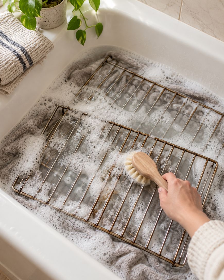A hand uses a wooden scrub brush to clean a metal oven rack soaking in a soapy, water-filled sink.