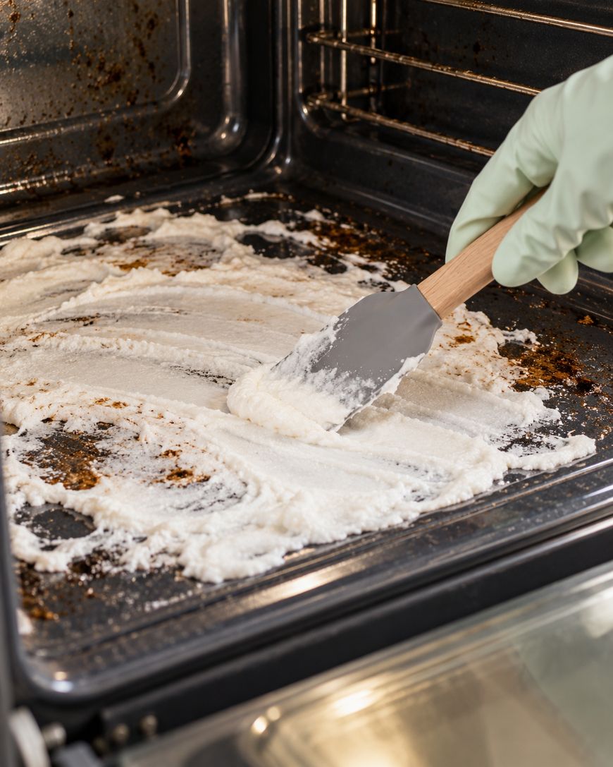 A hand in a green cleaning glove uses a silicone spatula to spread white cleaning paste across a dirty oven floor.