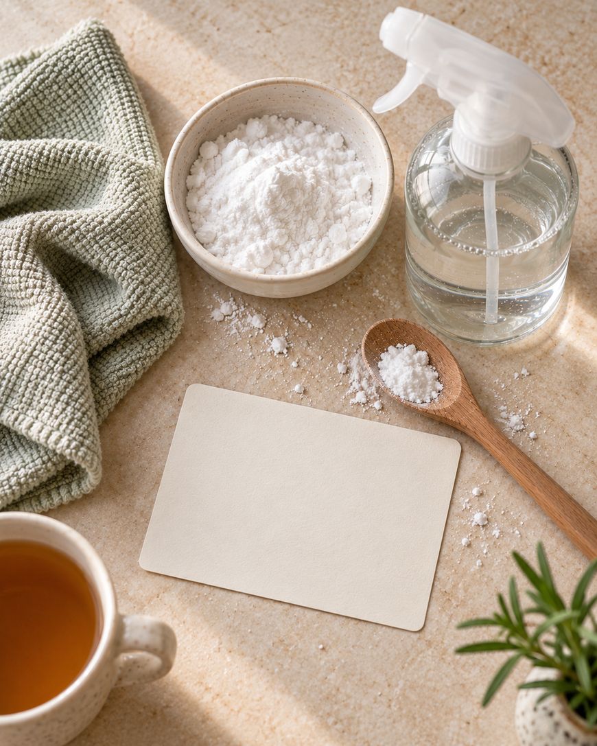 A blank rectangular card sits on a countertop beside a bowl of white powder, a spray bottle, a wooden spoon, a folded green cloth, and a mug of tea.