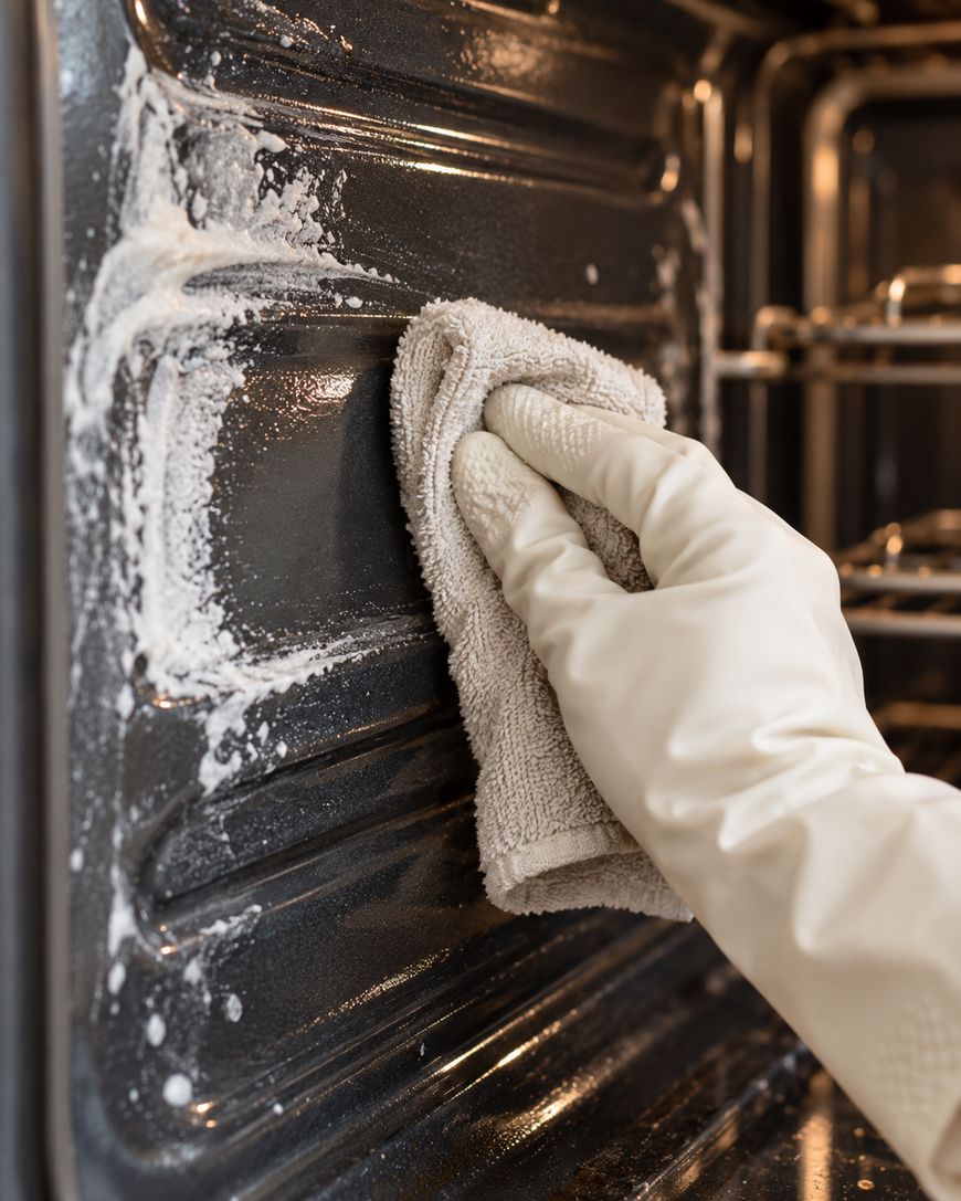 A gloved hand uses a cloth to wipe cleaning foam from the interior wall of an oven.