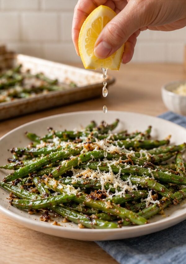 A hand squeezes a lemon over a plate of roasted green beans topped with grated cheese and seasoning, with a tray of more green beans in the background.
