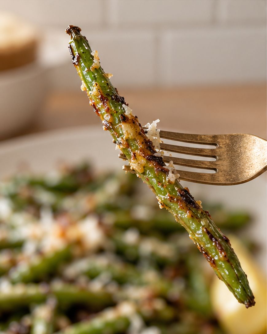 A close-up of a fork holding a grilled green bean topped with grated cheese and seasoning, with a blurred plate of green beans and lemon in the background.