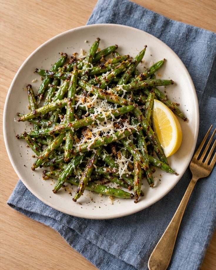 A plate of roasted green beans topped with grated cheese and pepper, served with a lemon wedge on the side. The plate is on a blue napkin with a gold fork nearby.
