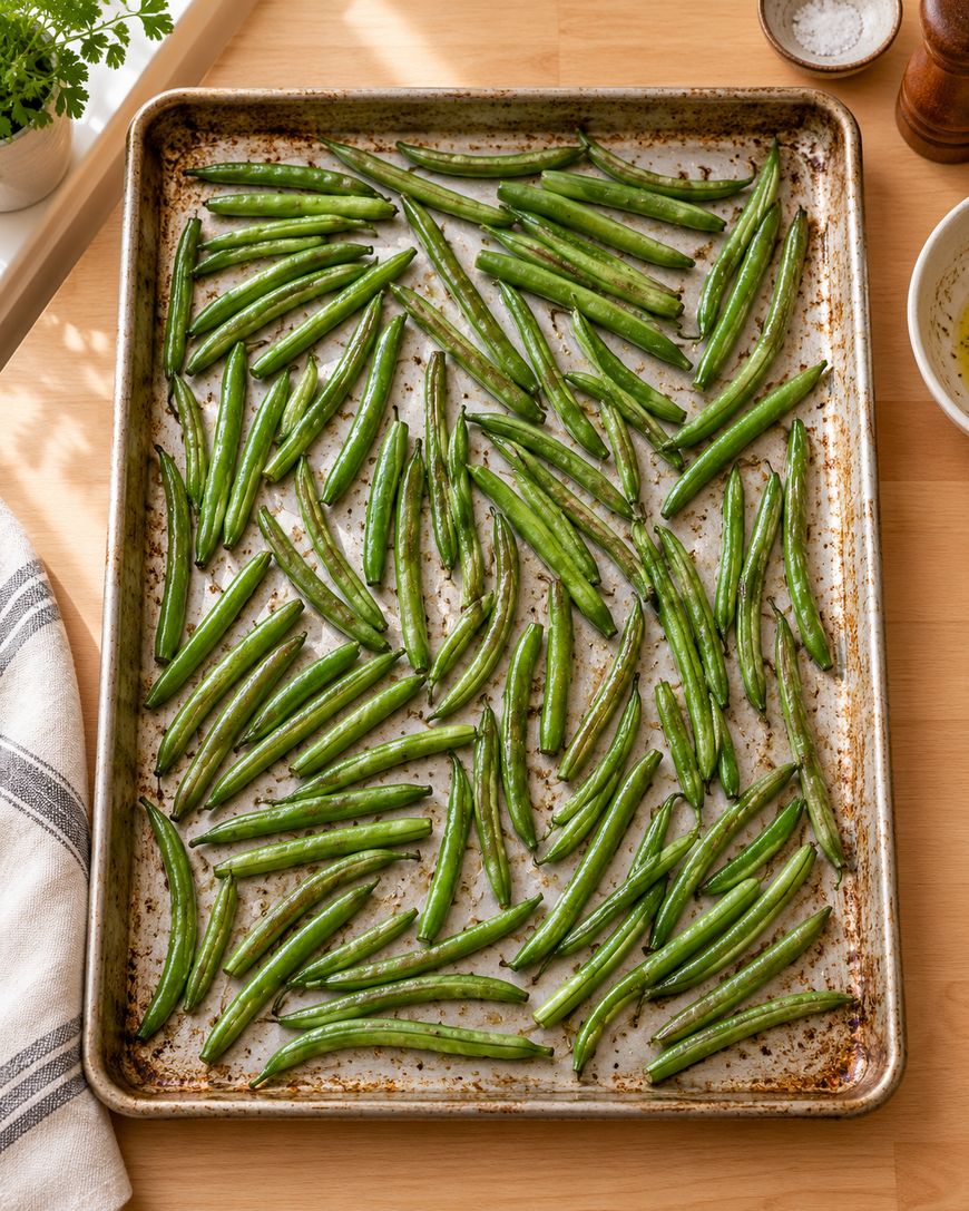 A baking sheet filled with green beans arranged in a single layer, ready for roasting. The tray sits on a wooden surface, with a striped towel, bowl, pepper grinder, and salt shaker nearby.