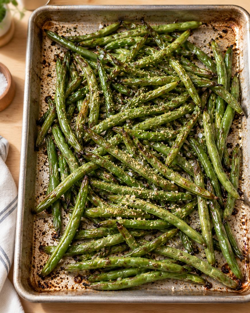 A baking sheet filled with roasted green beans, sprinkled with grated cheese and seasoning, sits on a wooden surface with a striped towel nearby.