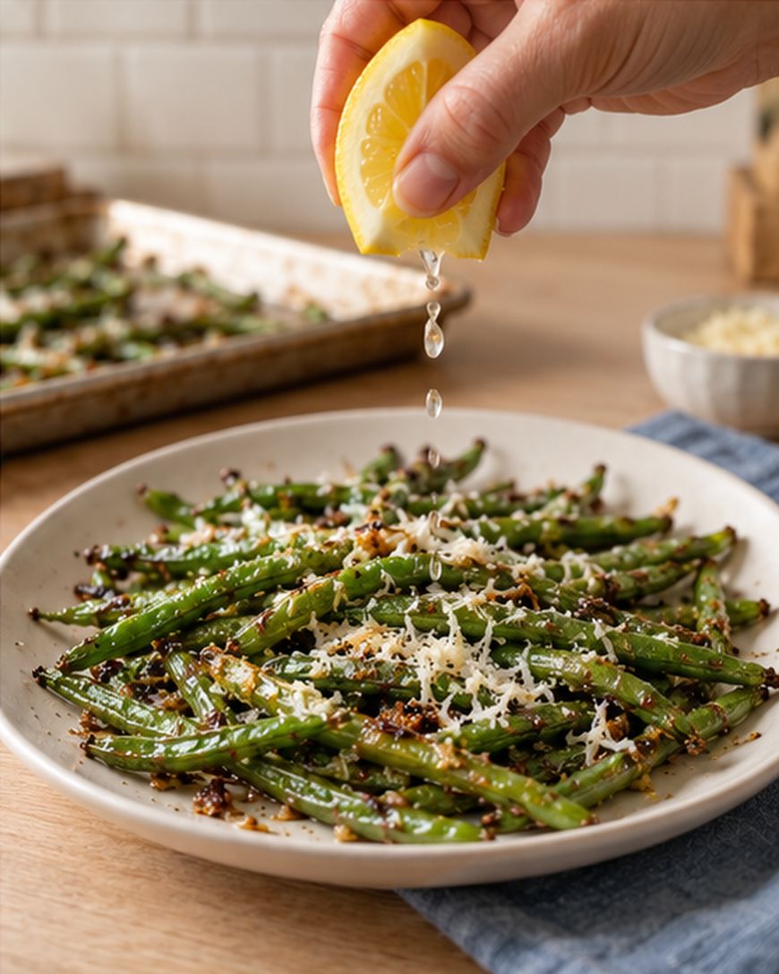 A hand squeezes a lemon wedge over a plate of roasted green beans topped with grated cheese. More green beans are on a tray in the background.
