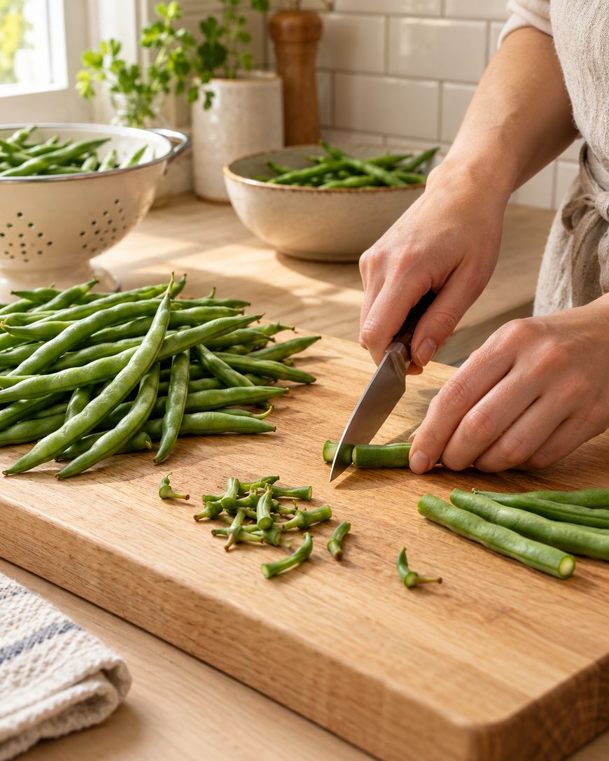 A person trims fresh green beans with a knife on a wooden cutting board. Piles of green beans and a colander full of beans are visible in the background on a sunlit kitchen counter.