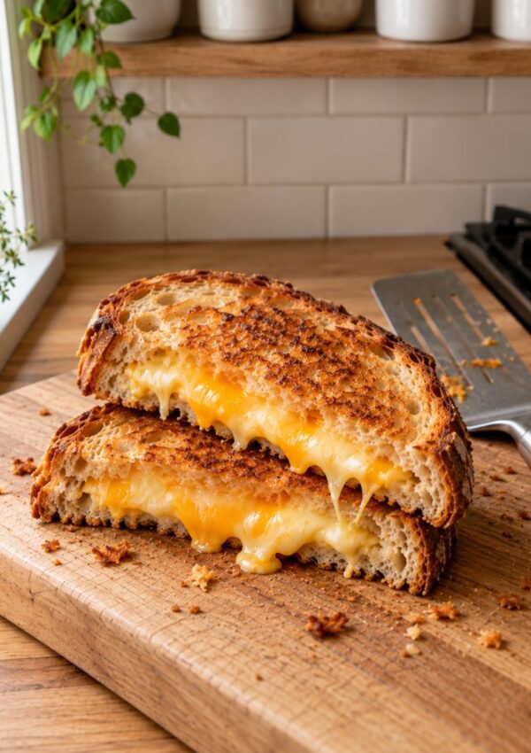 A grilled cheese sandwich, cut in half and showing melted cheese, sits on a wooden cutting board next to a metal spatula.