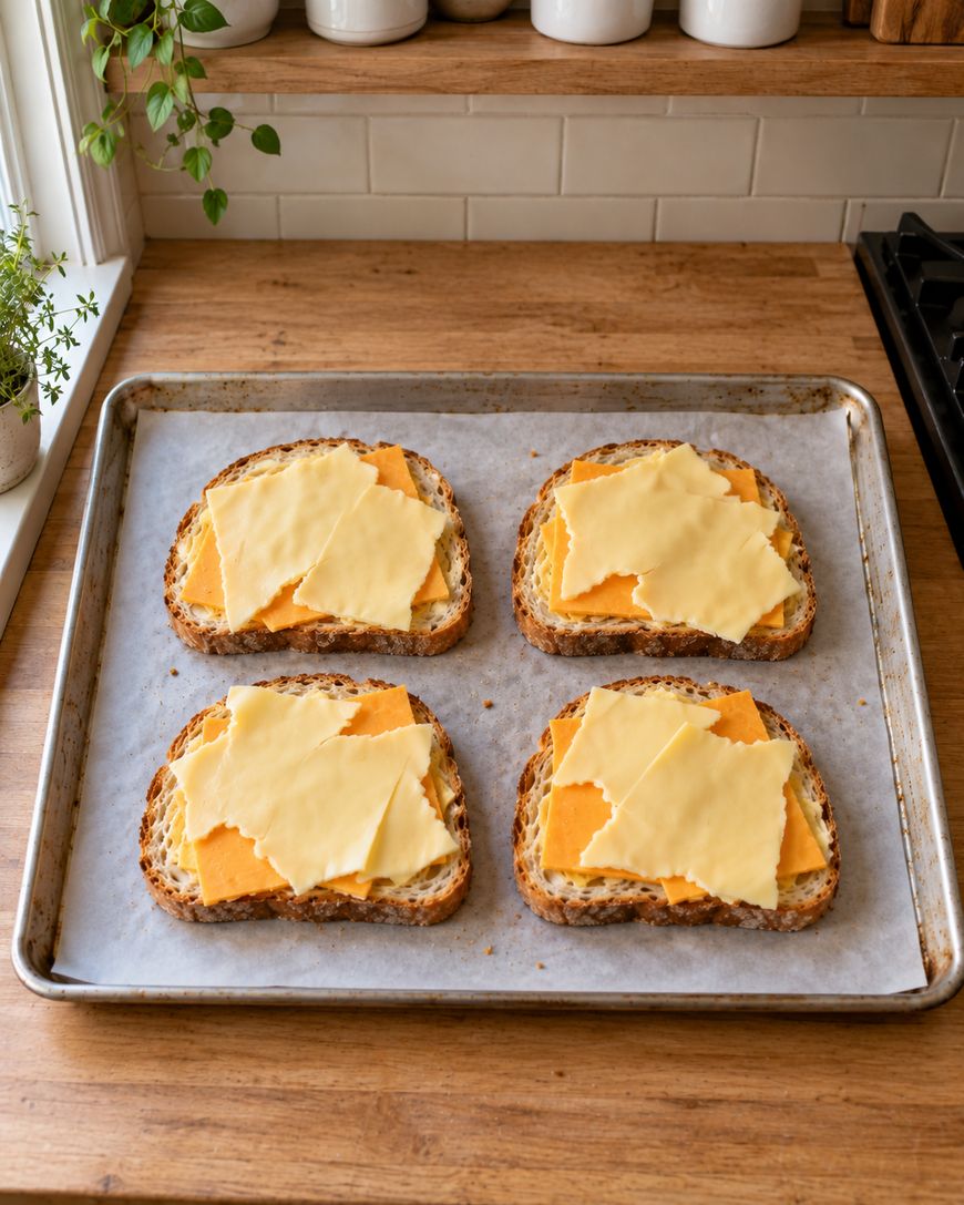 Four slices of bread topped with cheddar cheese on a parchment-lined baking sheet.