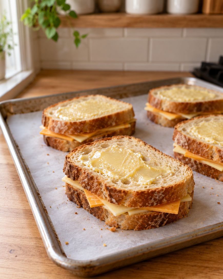 Three ungrilled cheese sandwiches assembled on a parchment-lined baking sheet, with butter spread on the top slices of bread.