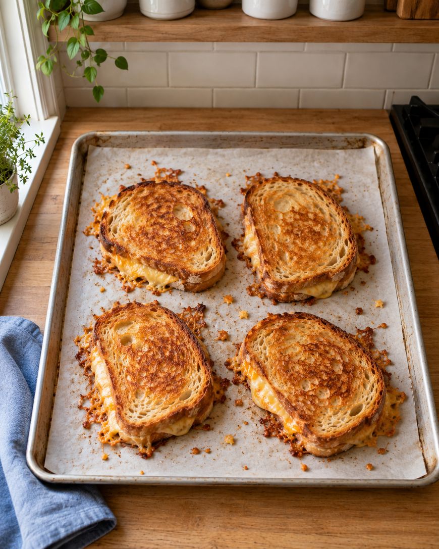 Four grilled cheese sandwiches on a parchment-lined baking sheet.