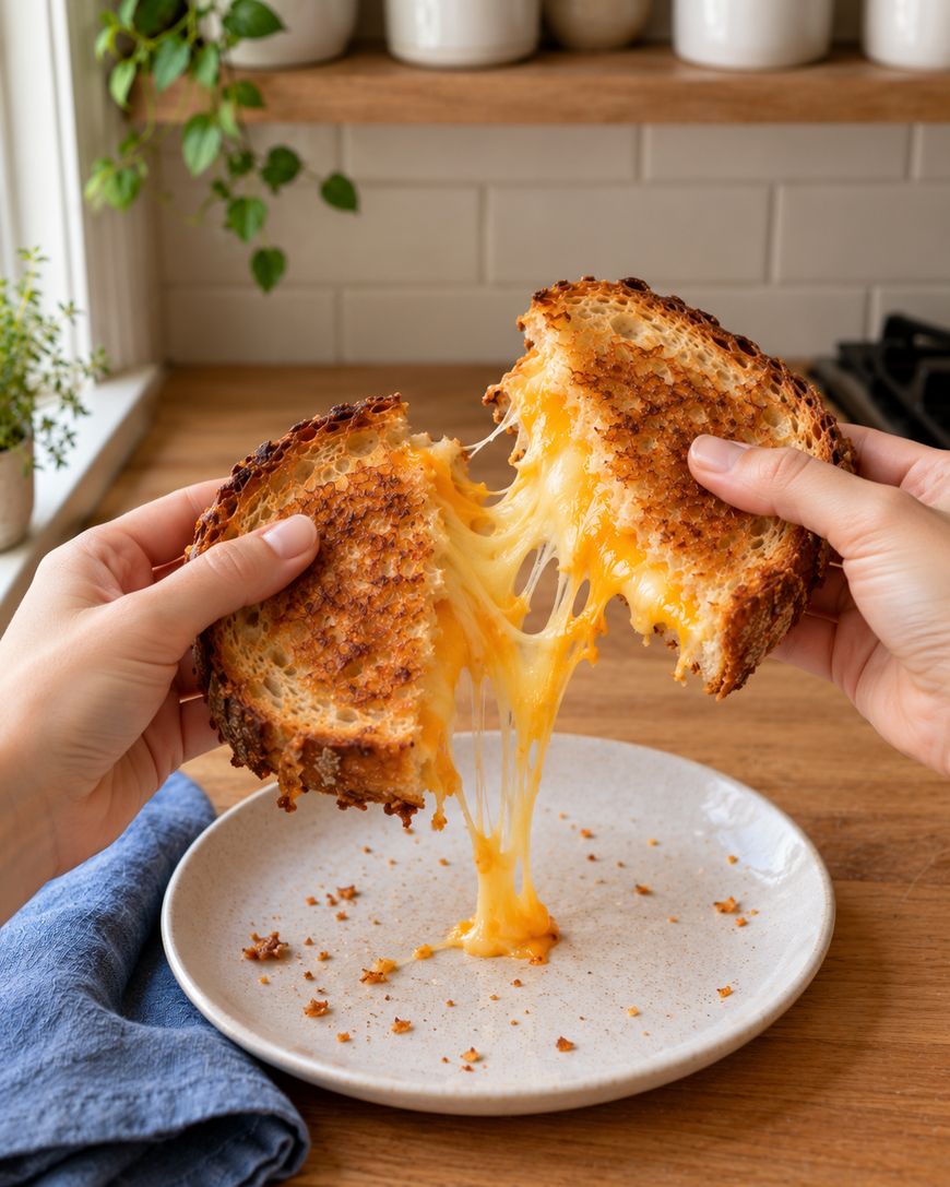 Hands pulling apart a grilled cheese sandwich with melting, stringy cheese.