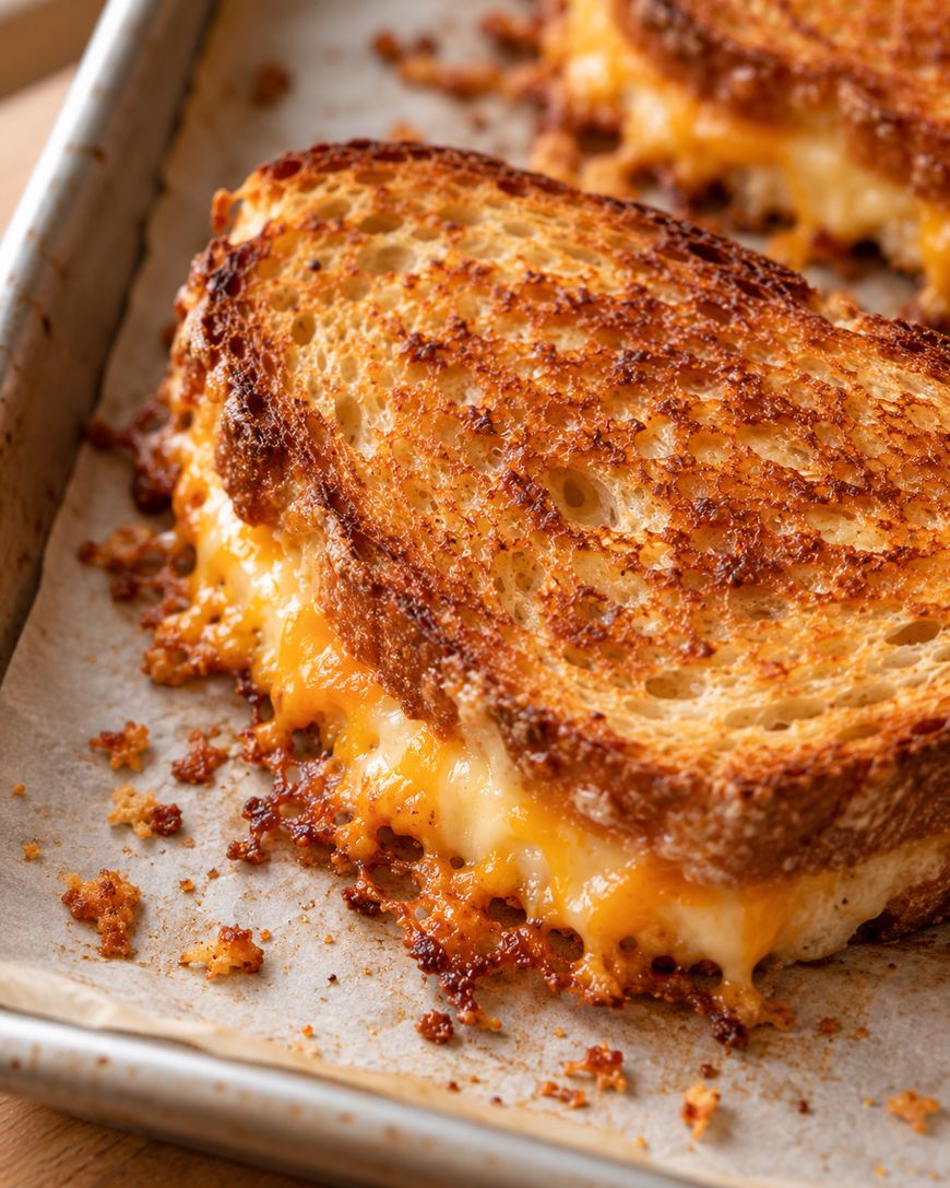 Two golden-brown grilled cheese sandwiches on a parchment-lined baking sheet.
