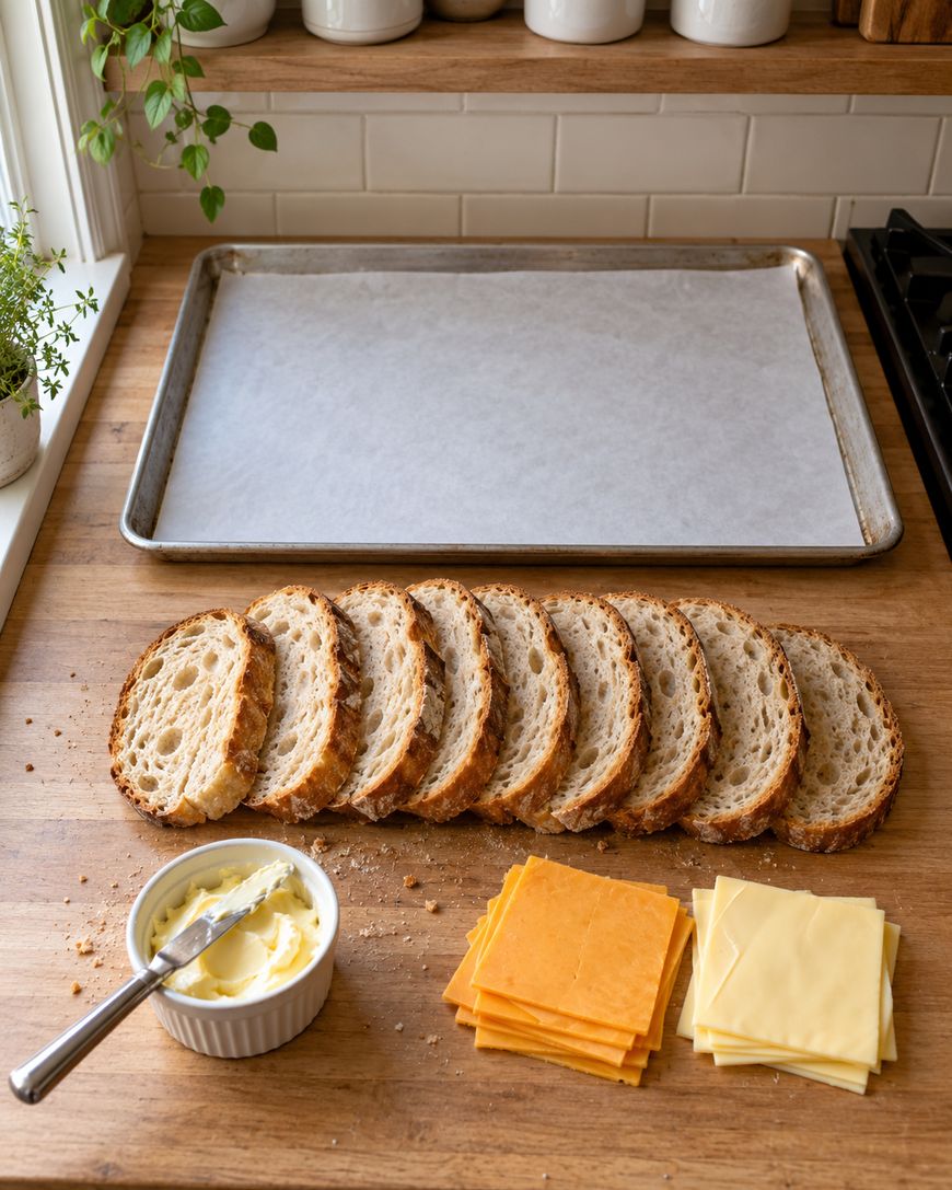 Eight slices of sourdough bread arranged in a row next to a small dish of butter and stacks of orange and yellow cheese slices, with an empty parchment-lined baking sheet in the background.