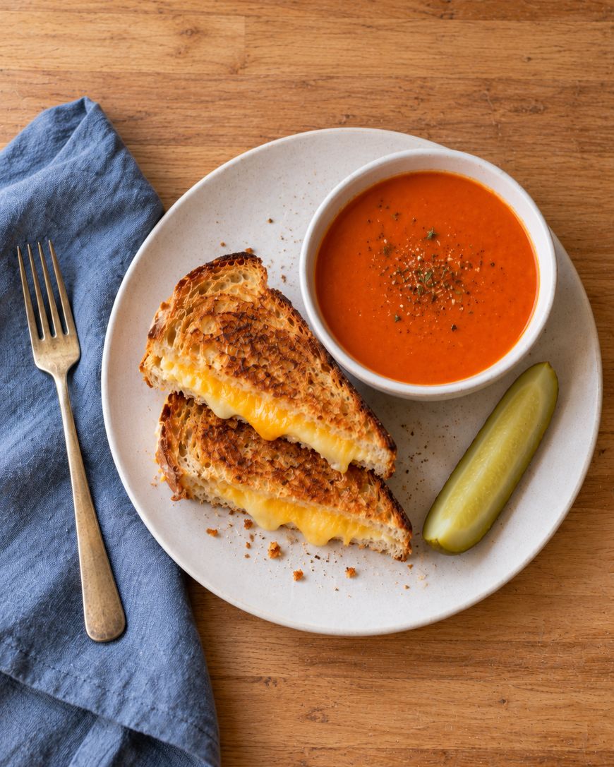 A grilled cheese sandwich cut in half, a bowl of tomato soup, and a pickle spear on a plate with a fork.