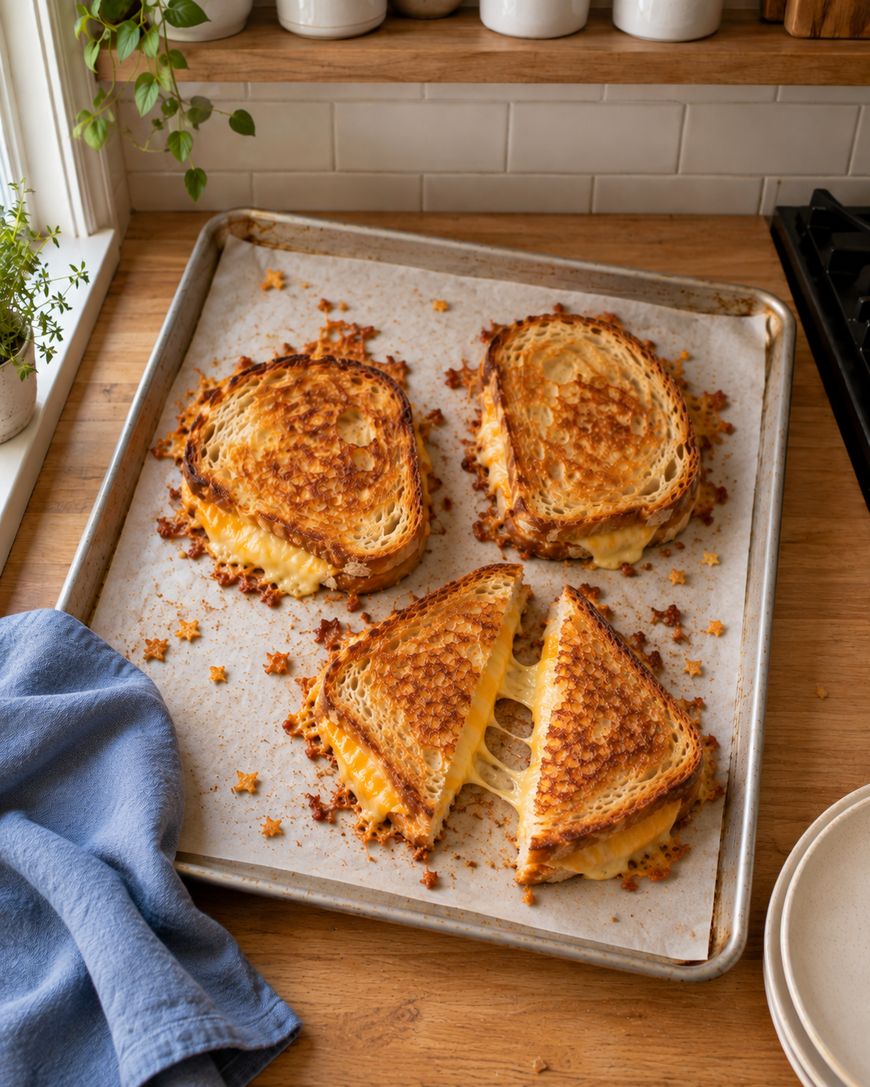 Three grilled cheese sandwiches on a parchment-lined baking sheet, with one sandwich sliced in half to show the melted, stretchy cheese.