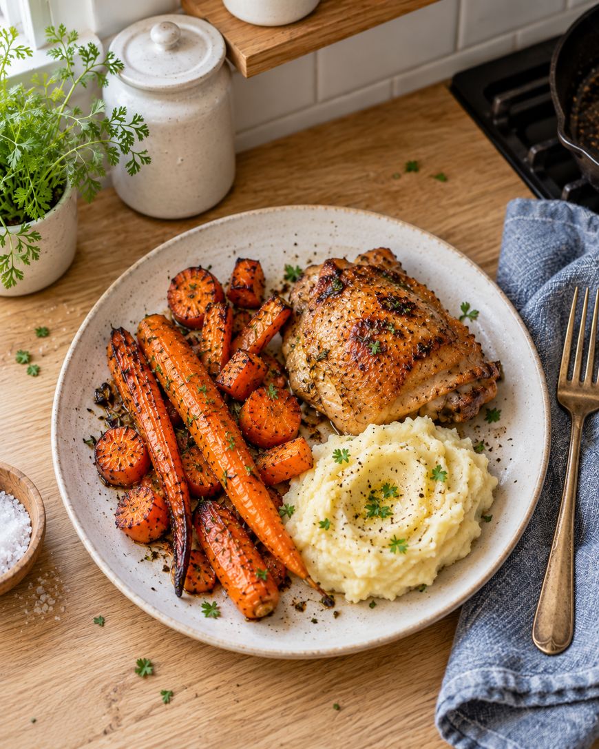 A plate featuring a roasted chicken thigh, mashed potatoes, and roasted carrots, garnished with fresh herbs.