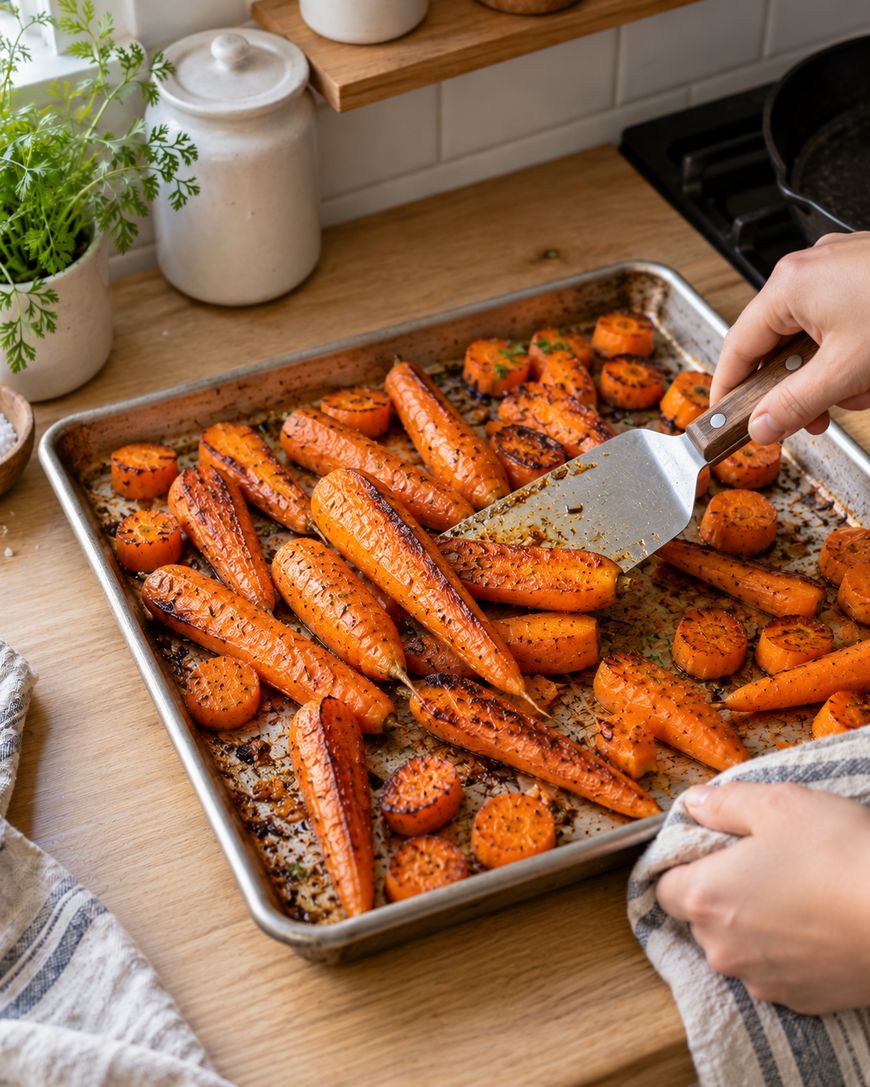 Hands using a spatula to lift roasted carrots from a metal baking sheet.