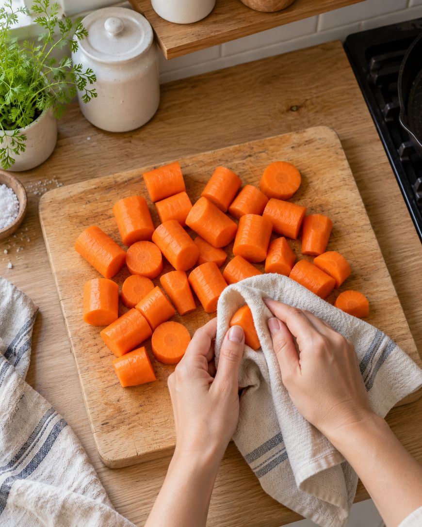 Hands drying chopped carrot segments on a wooden cutting board with a linen towel.