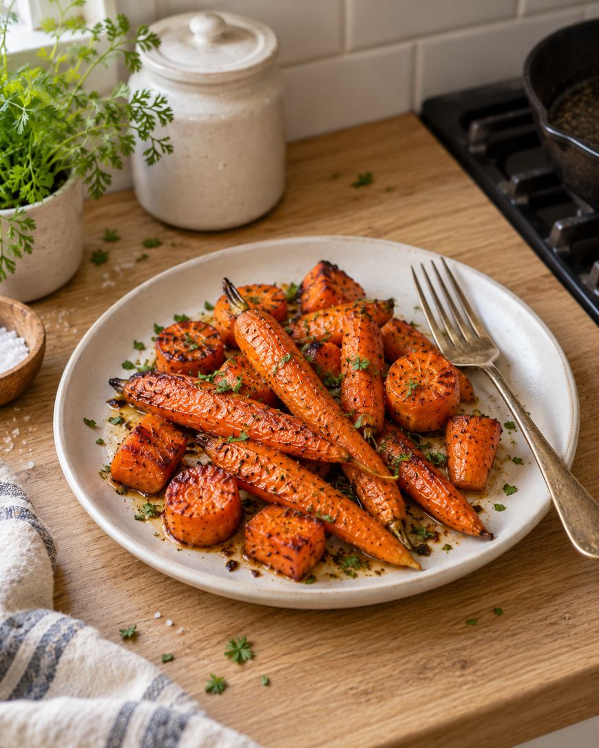 A plate of roasted, herb-topped carrots on a wooden countertop next to a fork.