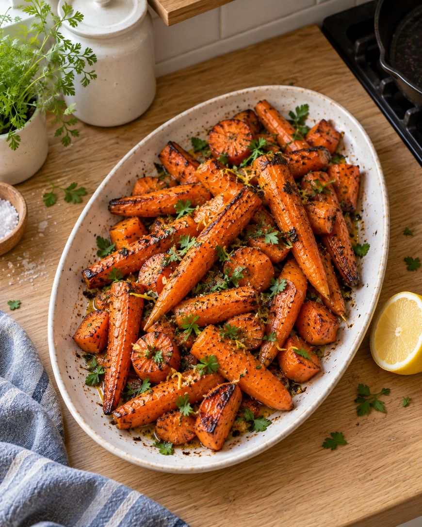 Roasted carrots seasoned with herbs and lemon zest on an oval serving platter.