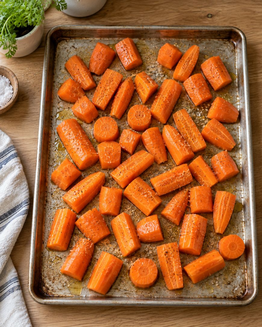 A metal baking sheet filled with roasted carrot chunks seasoned with salt and pepper.