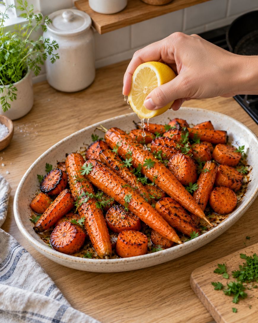 A hand squeezes a lemon wedge over a platter of roasted carrots garnished with fresh herbs.