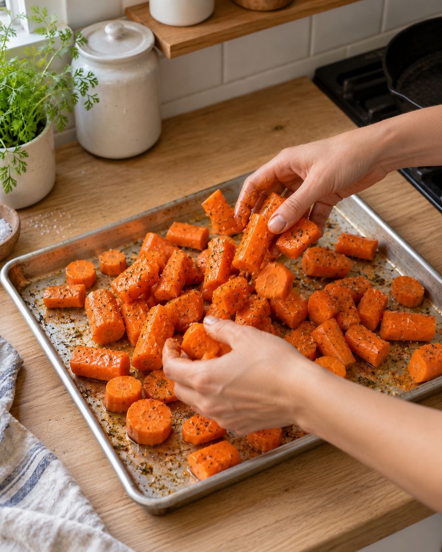 Hands tossing chopped carrots seasoned with herbs on a metal baking sheet.