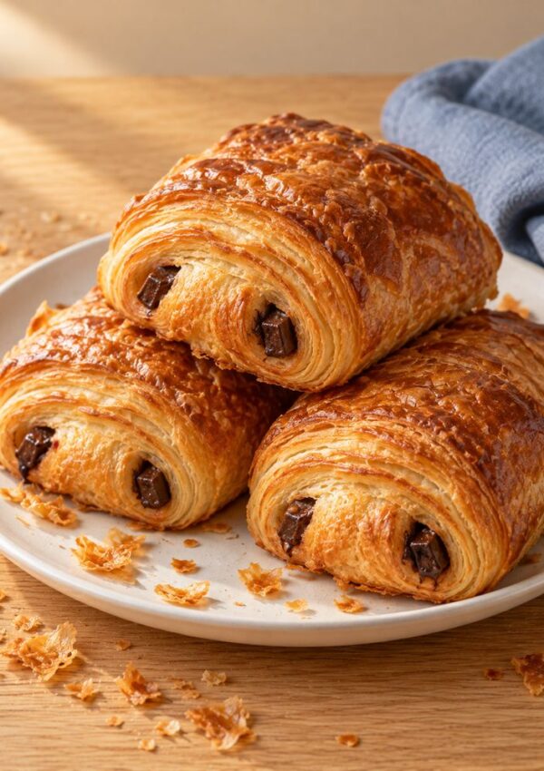 Three pain au chocolat pastries stacked on a white plate.