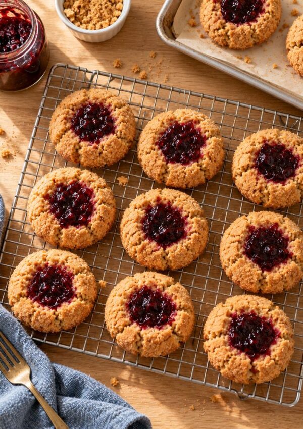 Nine thumbprint cookies with jam centers are cooling on a wire rack, with more cookies, a jar of jam, a bowl of brown sugar, and a fork on a wooden table. A blue towel is nearby.
