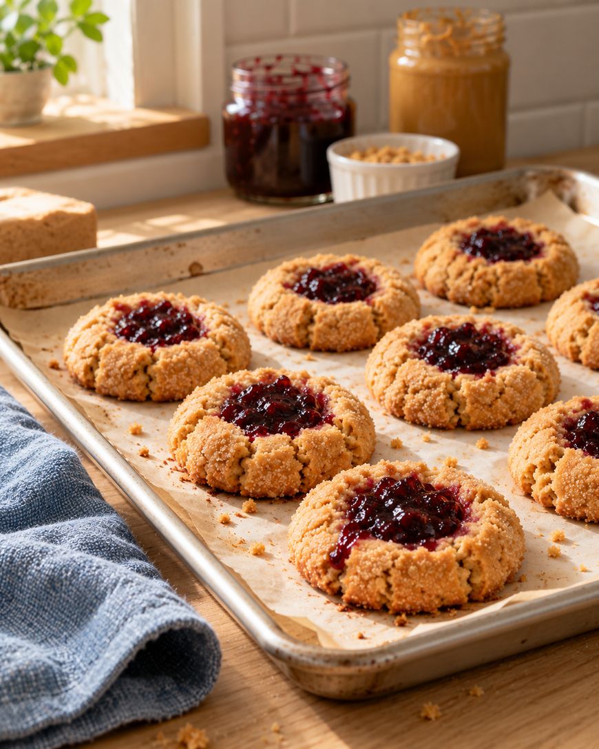 A baking sheet lined with parchment holds nine peanut butter and jelly thumbprint cookies. A jar of jam, a jar of peanut butter, and a blue towel are nearby on a wooden counter by a sunny window.