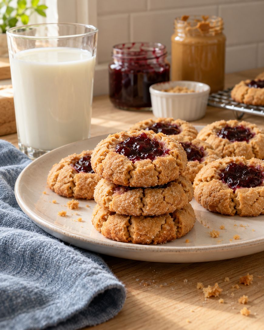 A plate of peanut butter and jelly thumbprint cookies sits on a table next to a glass of milk. Open jars of jelly and peanut butter, a blue cloth, and more cookies are in the background.