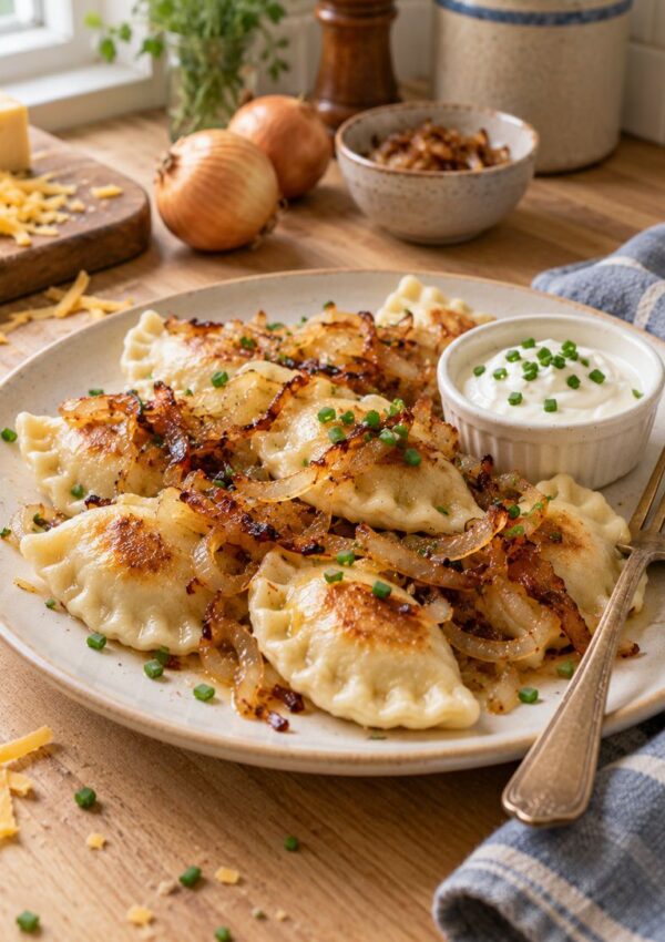 A plate of pierogi topped with caramelized onions and chopped chives sits next to a small dish of sour cream, with a fork on the plate. Cheddar cheese, onions, and herbs are in the background on a wooden surface.