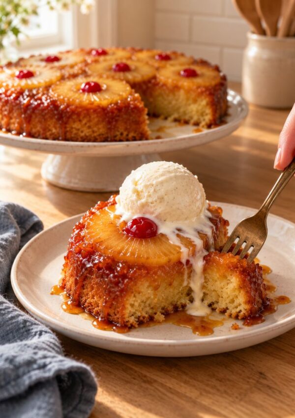 A slice of pineapple upside-down cake topped with a scoop of vanilla ice cream, with a fork cutting into it and the whole cake on a pedestal in the background.