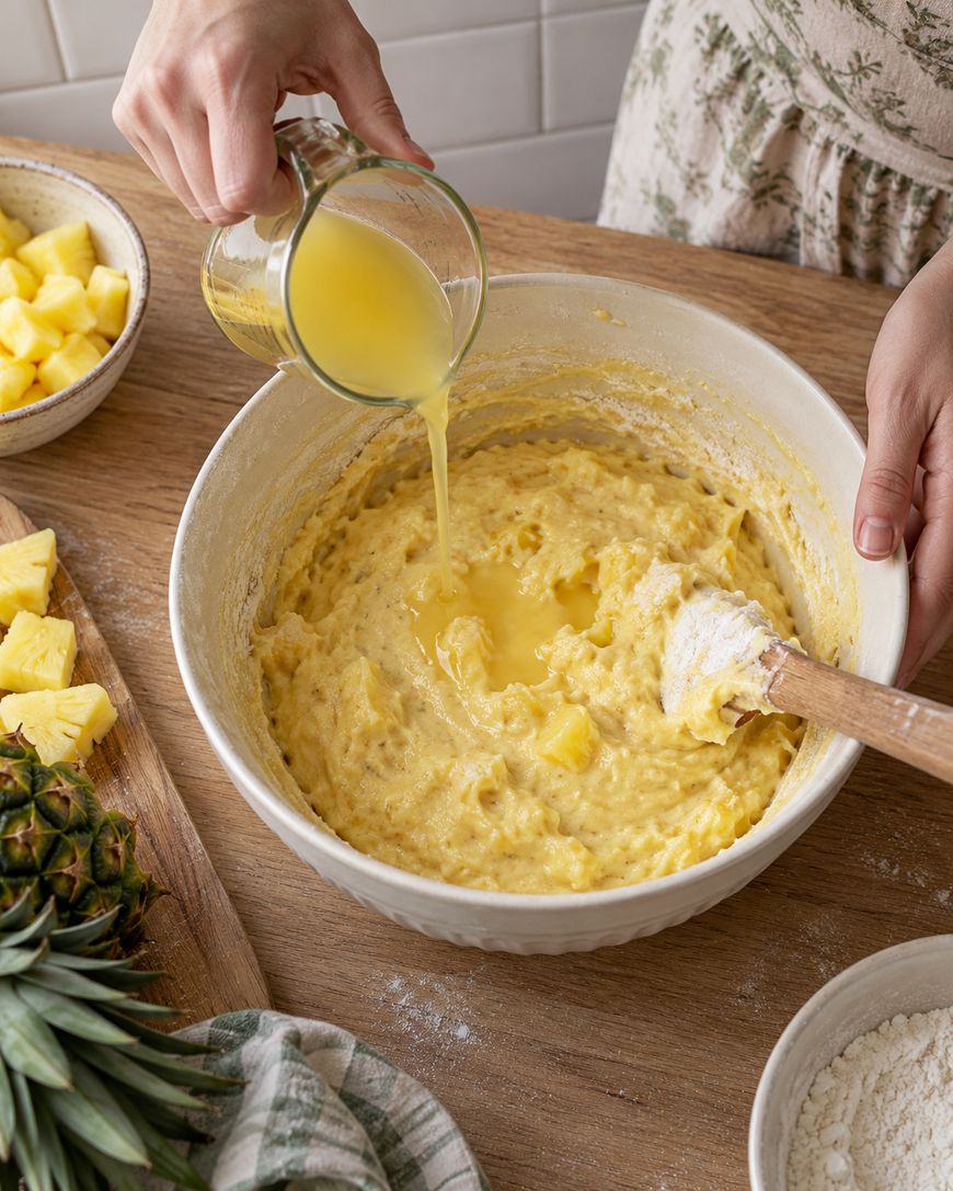 Hands pouring pineapple juice into a mixing bowl containing cake batter with chunks of pineapple.