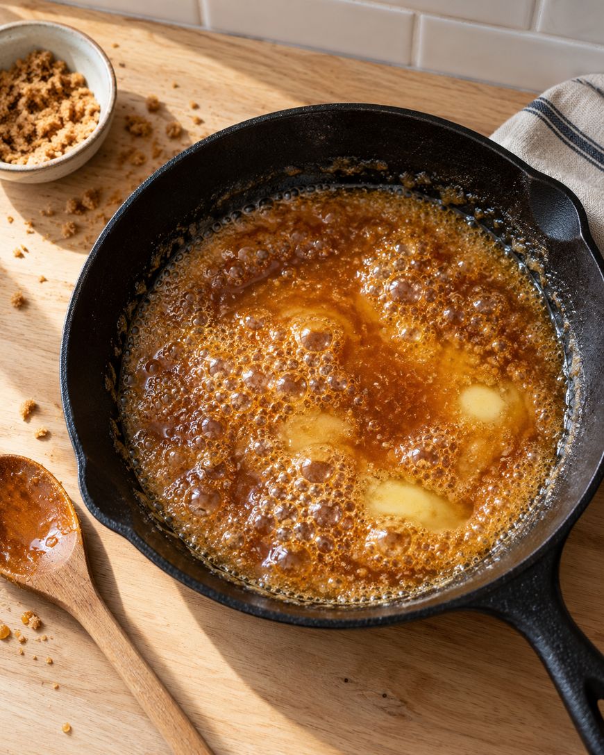 Butter and brown sugar bubbling in a cast-iron skillet next to a small bowl of brown sugar and a wooden spoon.